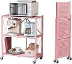 BRIAN & DANY 3-Tier Foldable Storage Shelves with Wheels, No Assembly Folding Shelf Metal Rack, Shelving Unit for Kitchen, Garage, Pink