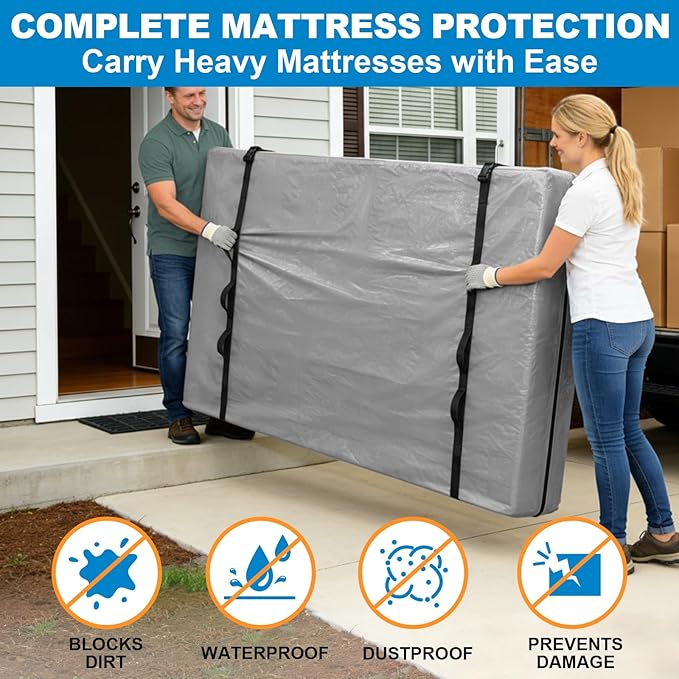 TICONN Mattress Bags for Moving, Heavy Duty Cali King Mattress Cover Storage Bag with Full-Around Handle and Adjustable Buckles (Gray, Cali King)