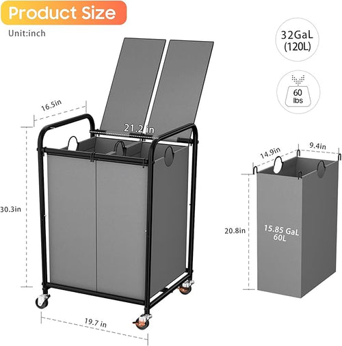 120L (31.7 Gal) Laundry Sorter 2 Section, Rolling Laundry Basket with Lockable Wheels and Lid, Laundry Hamper with 2 Separated Removable Bags Dirty Clothes Hamper for Laundry Room Organizer, Grey