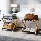 oakvivo Fully Assembled Luggage Racks Pack of 2, Bamboo Natural Foldable Luggage Rack for Guest Room, Suitcase Stand with Fabric Storage Shelf for Hotel, 5 Nylon Straps, 26.77" W x 16.93" D x 22.5" H