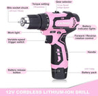 FASTPRO 175-Piece 12V Pink Drill Set, Cordless Lithium-ion Driver and Tool Kit, House Repairing Tool with 12-Inch Storage Bag, For DIY, Home Maintenance