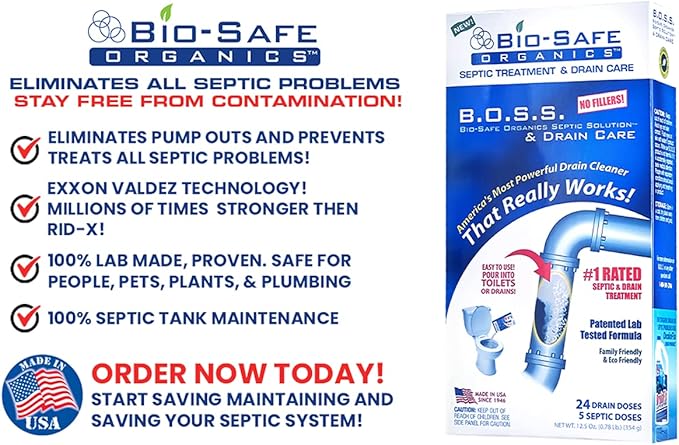 B.O.S.S. Septic Tank Treatment - 12.5oz Powder - 24 Drain or 5 Septic Doses - Patented Bacterial Enzyme - 100% Treats Odors Clogs Backups Pumpouts & Repairs - Works in All Septic Systems - Made in USA