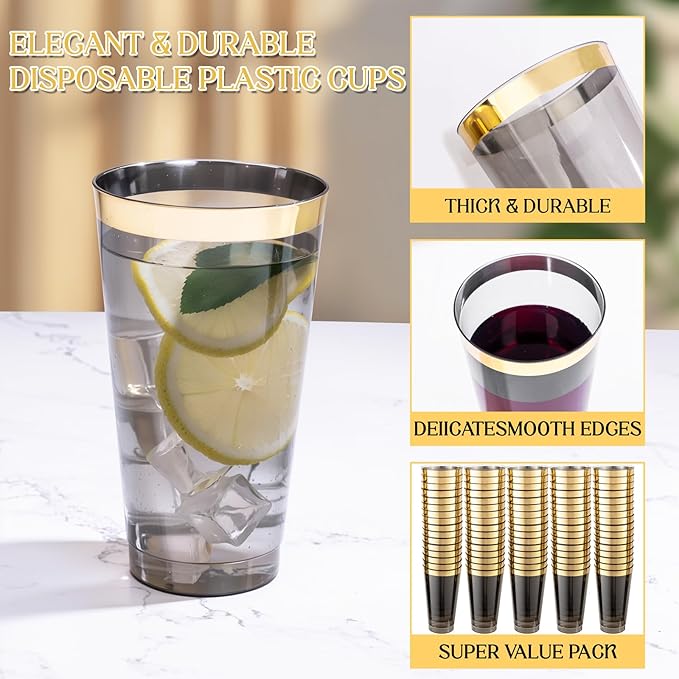LIYH 100 Pcs Gold Plastic Cups - 16 oz Clear Black and Gold Rim Plastic Wine Cups Big Size Fancy Disposable Wine Glasses Party Cup Beverage Drinking Cup for Party & Wedding