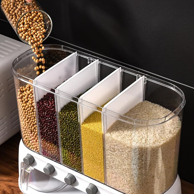 Yuehuam Dry Food Dispenser,12L Wall mounted 5 Grid Grain Dispenser 25 pounds Cereal and Rice Storage Container with Measuring Cup