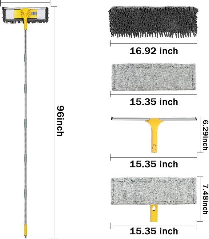 96" Long Handle Window Wall Cleaner Tool with Extension Pole,2 in 1 Large Window Squeegee with Cleaning Mop Tools Kit for Window/Wall/Baseboard/Floors Clean/Solar Panel Washer