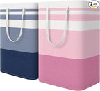 HomeHacks 2 Pack Large Laundry Baskets, Waterproof, Freestanding Laundry Hampers, Collapsible Clothes Hamper with Reinforced Handles in Laundry, College Dorm, Bathroom, Bedroom (Blue+Pink, 75Lx2)