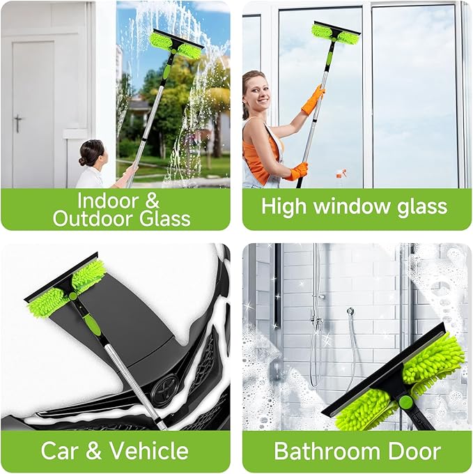 67'' Window Squeegee Cleaner Tool with Extension Pole, 2-in-1 Squeegee for Window Cleaning Kit with Scrubber and Rotating Head, 2 Blade 2 Scrubber for Indoor & Outdoor High Windows