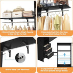 iSunirm 8FT Closet System, 96'' Closet Organizer System with 3 Hanging Rods, Wall Mount Bedroom Wardrobe with 3 Drawers Walk-in Closet, Adjustable Cloth Garment Rack from 5 to 8FT (Cut to Fit), Black