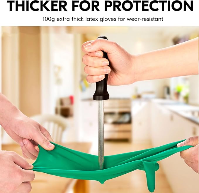 Vgo... 1-Pair Reusable Household Gloves, Rubber Dishwashing gloves, Extra Thickness, Long Sleeves, Kitchen Cleaning, Working, Painting, Gardening, Pet Care (Size XL, Green, HH4601)