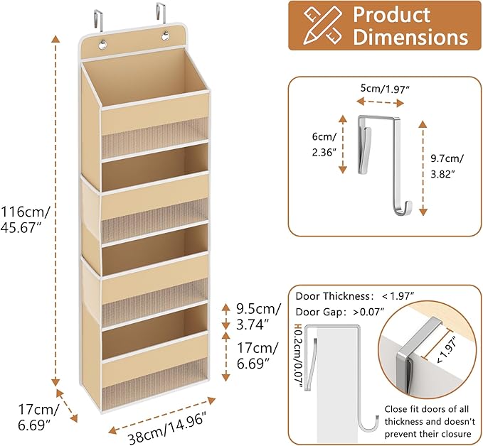 1 Pack 4-Tier Over the Door Organizer, Heavy-Duty Large Deep Pocket Hanging With 4 Large Front & 4 Side Pockets With for Pantry, Kitchen, Bathroom, Dorm, Beige