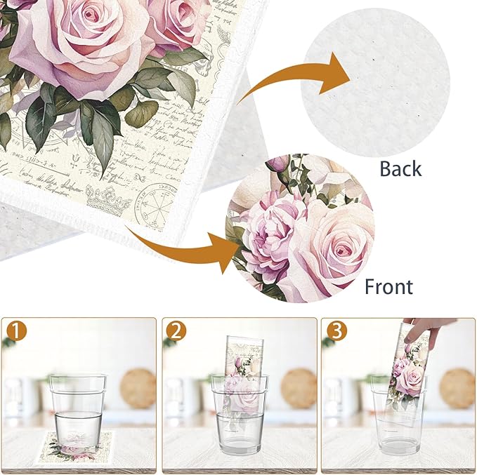 Vintage Pink Rose Swedish Dishcloths for Kitchen, 6PCS Floral Swedish Cloths for Washing Dishes, Reusable Retro Rose Washable Kitchen Towels, Washable Sponge Cloths for Home Party Cleaning