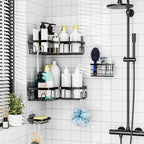 Moforoco 5-Pack Shower Caddy, L-Shaped, 10.2in Diameter, 90-Degree Right Angle, Rustproof, Easy Installation, 12 Hooks, Soap Holder, Adhesive Corner Shower Organizer, Black
