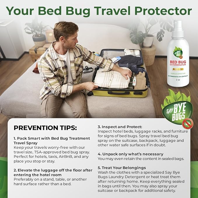Say Bye Bugs Bed Bug Spray Travel Size-Non-Toxic and Kills on Contact. Stain & Odor Free Bed Bug Spray. New Formula for Getting Rid of Bed Bugs Permanently (6x2 oz) TSA Approved size-Travel Must Haves