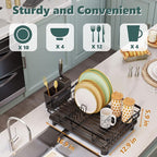 AIDERLY Iron Dish Drying Rack with Drainboard Dish Drainers for Kitchen Counter Extendable Spout Strainers with Utensil Holder and Knife Slots, Black