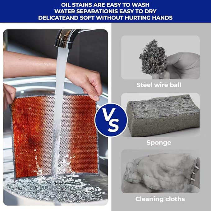 Wangjinpeng 24PCS 3-Layer Non-Scratch Multipurpose Steel Wire Dishcloths - Reusable Quick-Dry Odor-Free Scrub Cloths for Dishes, Kitchen Cleaning Cloths for Cookware, Sinks, Stove Tops(7.87X7.87)