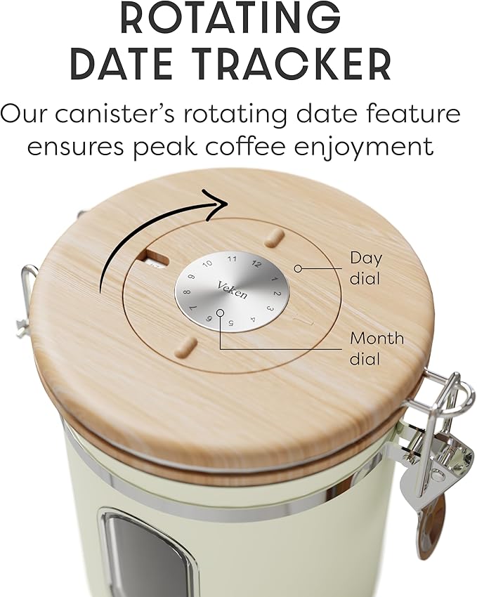Veken Coffee Sugar Canister with Window, Airtight Stainless Steel Kitchen Food Storage Container with Lids, Date Tracker and Scoop for Grounds Coffee, Beans, Tea, Flour, Cereal Jars, 16OZ, Cream