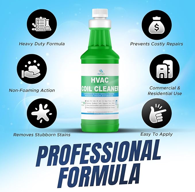 AC Evaporator Coil Cleaner - 1 Quart (946mL), No-Rinse Formula, Metal-Safe Corrosion Inhibitors – Cleans Air Conditioners, Condensers, HVAC, Mini Splits, Heat Pumps – Residential & Commercial Use