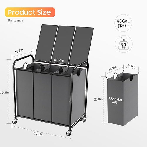 180L (47.55 Gal) Laundry Sorter 3 Section, Rolling Laundry Basket with Lockable Wheels and Lid, Laundry Hamper with 3 Separated Removable Bags Dirty Clothes Hamper for Laundry Room Organizer, Grey