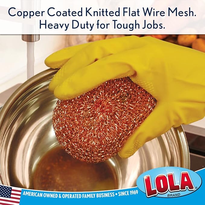 LOLA Copper Mesh Scouring Pad, 144 Pack, 45 Grams, 4" Heavy Duty Cleaning Pads, Copper Coated Knitted Wire Mesh, Recyclable, Cleans Baked On Messes