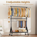 Double Rods Clothing Rack, Heavy Duty Clothes Rack for Hanging Clothes Load 560LBS, Metal Rolling Garment Racks with Wheels, Freestanding Clothes Hanging Racks, Black