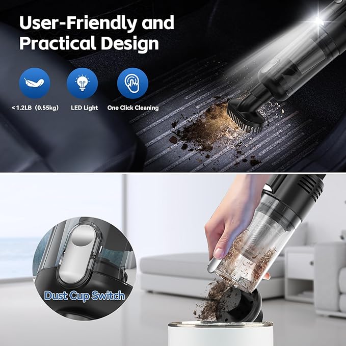 Handheld Car Vacuum Cleaner Cordless: 9500PA Powerful Suction Portable Lightweight Hand Held Vacuum - Large Capacity Battery Last Long Wireless Mini Vacuum With LED Light For Home Office Cleaning