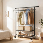 Clothes Rack, Double Rods Rolling Clothing Rack for Hanging Clothes Closet Rack with Wheels, Metal Portable Garment Rack with Double Shelves for Bedroom Laundry Living Room, Black