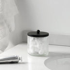 KMwares 4-Pack Glass Qtip Holder Dispenser Set for Cotton Ball, Swab, Round Pads, Floss Picks - Bathroom Canister Storage Organization and Vanity Makeup Organizer(Clear-4)