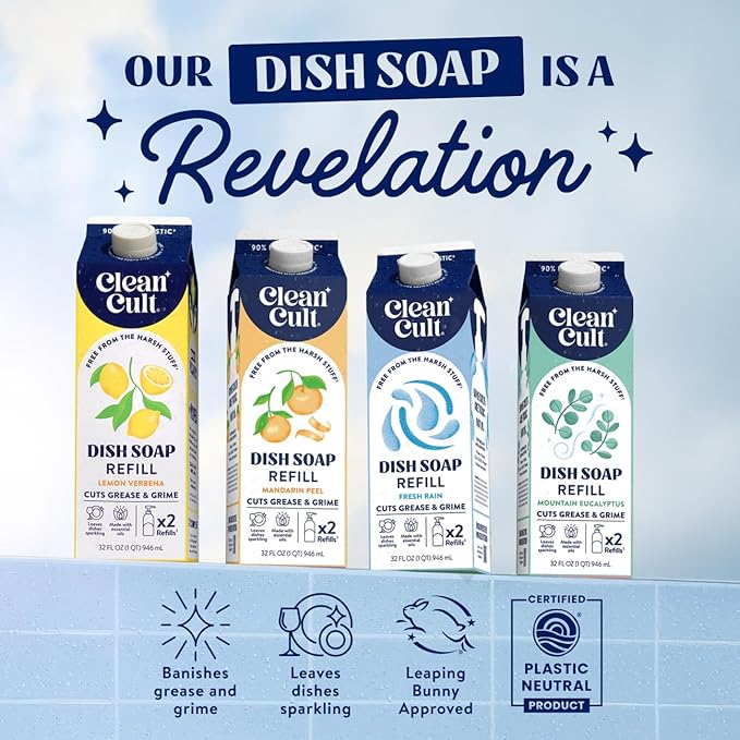 Cleancult Dish Soap Liquid Refill (32oz, 1 Pack) - Plant Based Cleaning Power - Dish Soap that Cuts Grease & Grime - Free of Harsh Chemicals - Uses 90% Less Plastic - Free & Clear