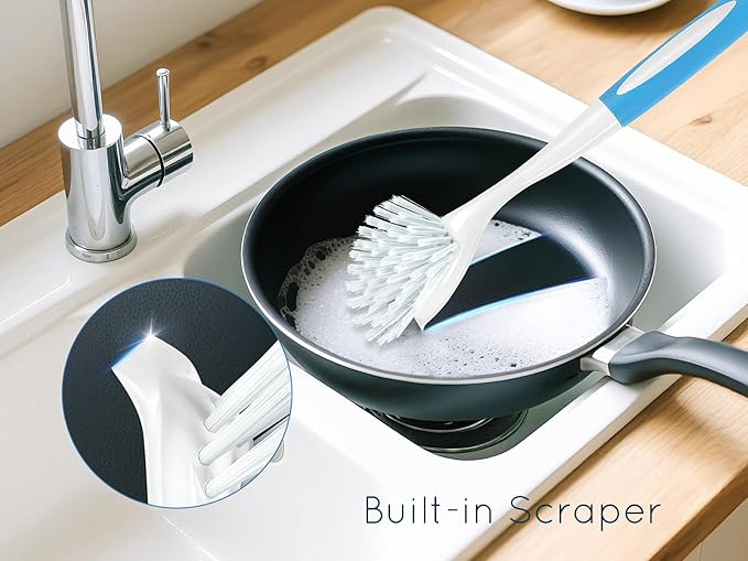 Dish Brush with Handle, Firm & Stiff Bristles Dish Scrubber for Pots, Pans & Sink Cleaning, 2 Pack