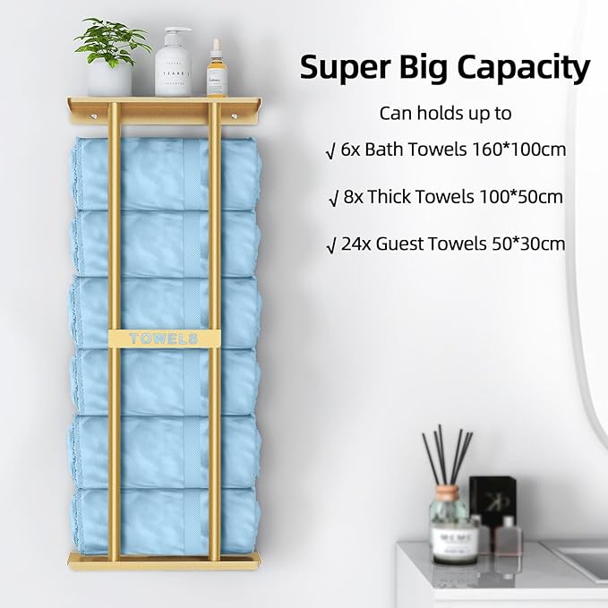 STWWO Bathroom Towel Storage Rack for Bathroom, 30 inch Towel Racks Wall Mounted with Shelf Can Holds 6 Large Towels, Wall Towel Rack for Rolled Towels, Gold