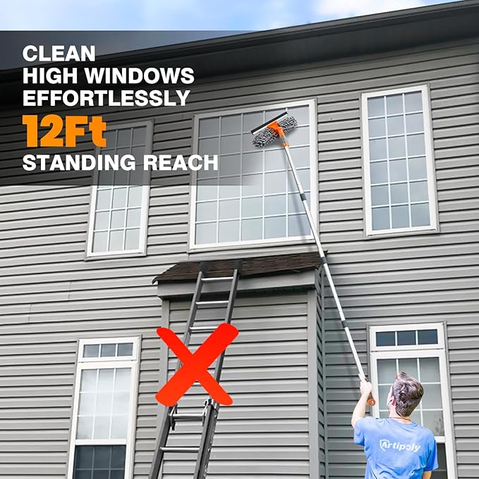 Professional Window Squeegee Cleaner, 2 in 1 Shower Squeegee with Extension Pole, 65”Telescopic Window Washing Equipment with 180°Adjustable Head, Glass Cleaning Tools for Outdoor High Window