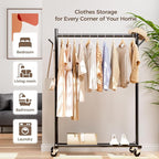 Clothes Rack, 3-in-1 Clothing Rack for Hanging Clothes, Rolling Garment Rack with Coat/Hat Hooks, Portable Coat Rack, Sturdy Wardrobe Rack Metal Closet Rack 280LBS for Bedroom Living Room, Black