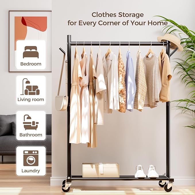 Clothes Rack, 3-in-1 Clothing Rack for Hanging Clothes, Rolling Garment Rack with Coat/Hat Hooks, Portable Coat Rack, Sturdy Wardrobe Rack Metal Closet Rack 280LBS for Bedroom Living Room, Black