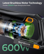 SunSare Cordless Vacuum Cleaner, 50KPa 600W 65Mins Vacuum Cleaner for Home, V-Anti-Tangle Stick Vacuum with Scented Tablet, Upgraded dust Emptying Cup, Vacuum Cordless for Pet Hair/Carpet/Floors