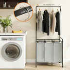ROMOON Laundry Sorter Hamper with Hanging Bar, 3 Section Rolling Laundry Cart with Clothes Rack & Heavy-Duty Lockable Wheels, Divided Laundry Basket Organizer for Apartment & Small Spaces (130L Grey)