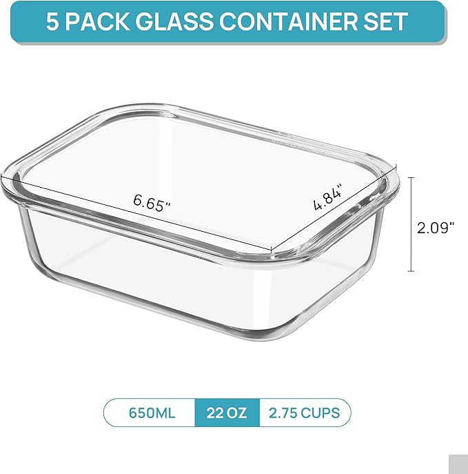 Vtopmart 5Pack 22oz Glass Storage Containers with Lids, Glass Meal Prep Food Container Sets with Snap Airtight Lids for Microwave, Oven, Freezer and Dishwasher, Green