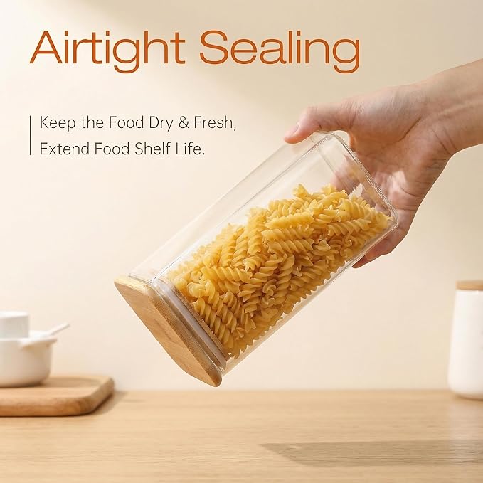 Extra Large Square Glass Flour & Sugar Storage Containers with Airtight Lids, 168 floz - 2 Pack Glass Jars with Bamboo Lids for Pantry, Air tight Food Storage Containers for Cereal, Pasta, Rice
