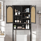FiveWillowise Rattan Toilet Storage Cabinet, Over The Rack Wood Cabinet with Metal Stand, Bathroom Organizer with Adjustable Shelf, Tall Freestanding Washer Shelf, Small Cupboard, Black