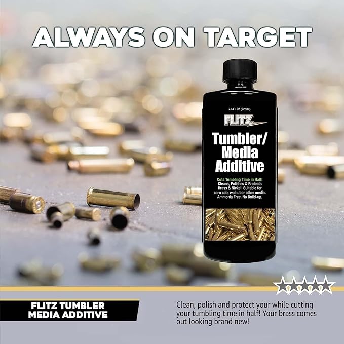 Flitz Tumbler Media Additive - 16oz Bottle of USA-Made Brass Cleaner Reloading Liquid for Ammo, Copper, & All Metals - Ammonia-Free Tumbling Polish to Remove Oxidation, Powder Residue (1 Pack)