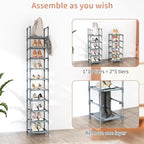LANTEFUL Narrow Shoe Rack 10-Tier Tall Shoe Organizer Skinny Shoe Shelf Storage for 10-15 Pairs Shoe and Boot, Space Saving Corner Shoe Rack Organizer for Closet, Entryway, Living Room, Grey