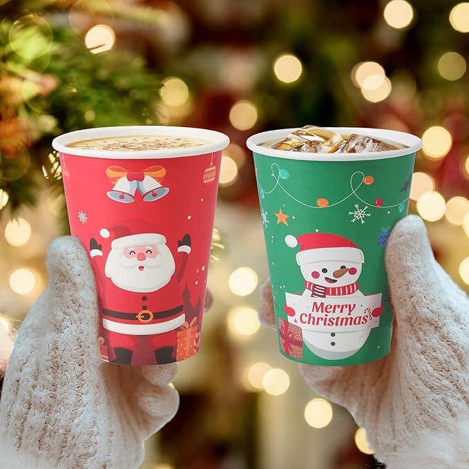 Lamosi 100 Pack Christmas Paper Cups 12 oz, Disposable Coffee Cups Hot/Cold Beverage for Holiday, Party, Cafe, Restaurant, Office and Home