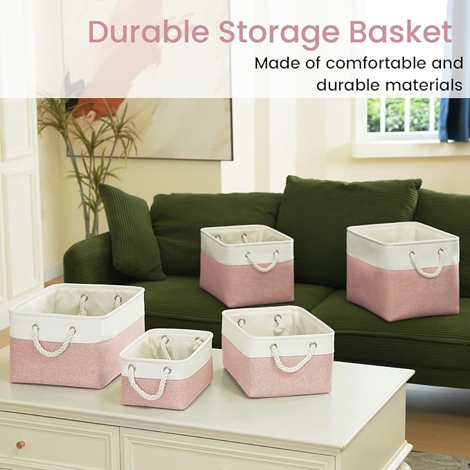 Storage Baskets for Shelves 13.8x9.8x6.7 Inch-Foldable Fabric Organizing Storage Bins with Handles, Closet & Bathroom Organizer, Home Storage for Kitchen, Office (1-Pack, White&Pink)