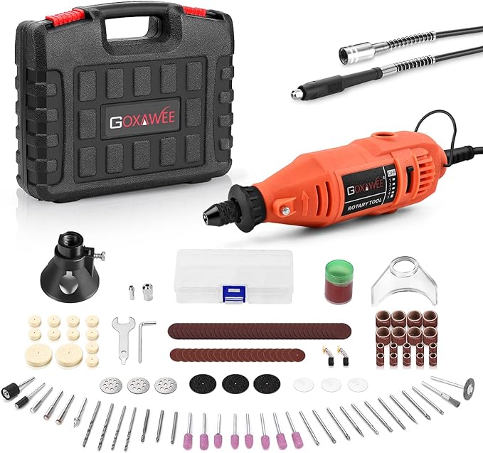 GOXAWEE Rotary Tool Kit with Keyless Drill Chuck and Flex Shaft, Variable Speed Electric Multiuse Tool & 140 Accessories for Cutting, Drilling, Engraving, Grinding, Sanding, Polishing, Crafts,and DIY