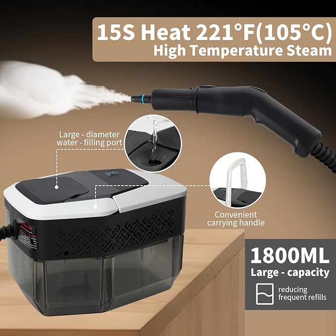2500W Handheld Steam Cleaner, 15s Fast Heating Steam Cleaning, 1800ML Large Capacity Tank, Portable Steam Cleaner for Upholstery, Grout, Window, Grime, Grease, Bed Bugs, Car (white)