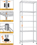 HOMEFORT 5-Shelving Unit, Adjustable Wire Shelving, Metal Wire Shelf Rack Organizer for Kitchen, Pantry, Closet, Bathroom, Laundry,Sliver,21" W x 11" D x 53" H