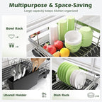 In Sink Dish Drying Rack, Expandable Over The Sink Dish Rack for Small Kitchen, Space Saving Stainless Steel Dish Drainer with Utensil Holder, 14.1"-21.2" L x 11"W, Small Plate Dryer Strainer, Silver