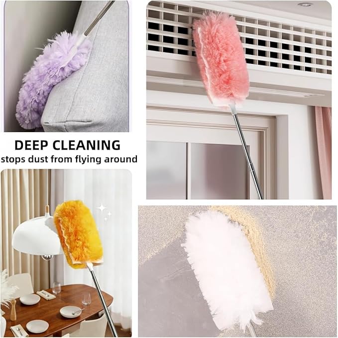 Heavy Duty Duster Refills, Disposable Dusters Kit for Cleaning Dusting Furniture Blind Ceiling Fan, Multi Surface 360 Feather Duster(10)+3FT Extended Handle（1） (Yellow)