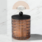 Amber Colored Tranlucent Apothecary Etched Geometric Grid Glass Jar W/Matte Black Metal Lid for Bathroom Organization, Cotton Balls, Q Tips, and Small Accessories, Bathroom Storage