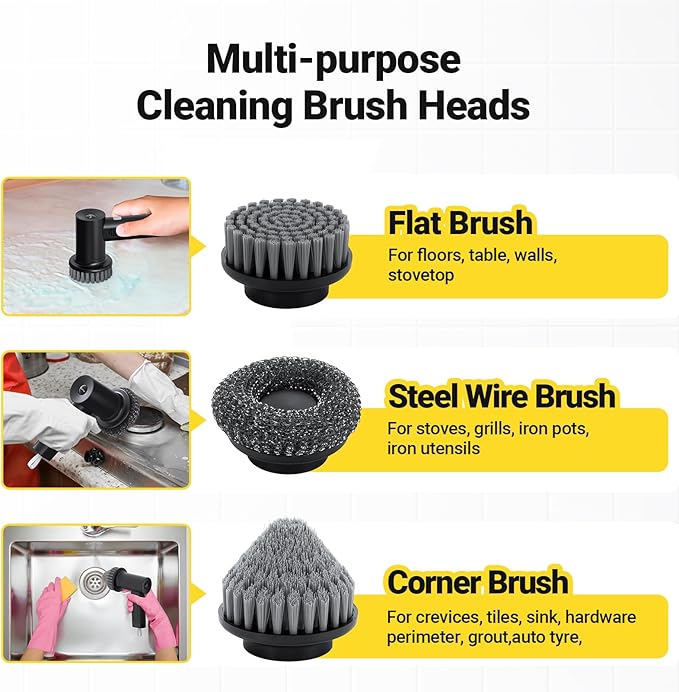 StarVal Electric Spin Scrubber, 3000 mAh Cordless Power Scrubber with 8 Replaceable Heads, Dual Speed Lightweight Handheld Scrubber for Cleaning Stove/Bowl/Sink/Corner/Tile/Grout (Black)