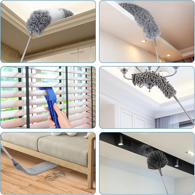 Microfiber Extendable Feather Duster (11pcs) with 100" Extension Pole, Washable Reusable Bendable Dusters for Cleaning Ceiling Fan, High Ceiling, TV, Blinds, Cars